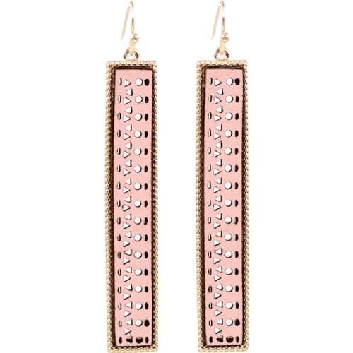 New Arrival Long Filigree Pu Leather Gold Fram Vertical Bar Women Fashion Dangle Earrings