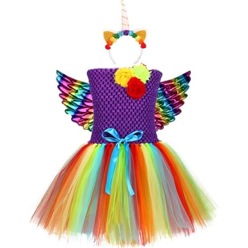 Rainbow Unicorn Tutu Dress With Headband Girls Colorful Flowers Ribbon Tulle Tutu Dresses For Birthday Halloween Carnival Party