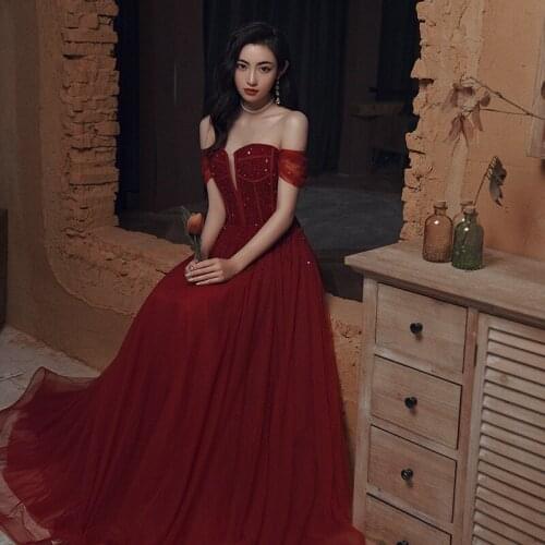 Burgundy Luxury Handmade Beaded Toast Dress Bride Wedding Evening Dress Women Birthday Party Elegant Banquets Prom Dress A134