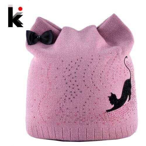Winter Beanie Hat With Ear Flaps For Women Black Cat Diamond Bow-knot Knitted Beanies Skullies Cap Ladies Touca Inverno Feminina