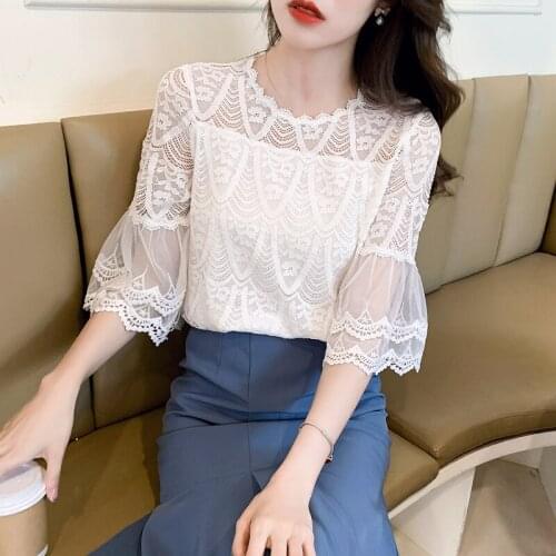 Women Clothing Chiffon Blouse Lace Crochet Female Korean Shirts Ladies Blusas Tops Shirt White Blouses Slim Fit Hollow Out Tops