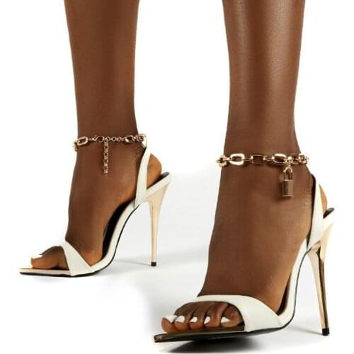 New Summer Stiletto Black Women Sandals Open-toed Party Shoes Low-top Vogue Chain Sandal High Heels 10.5cm Large Size 41 42