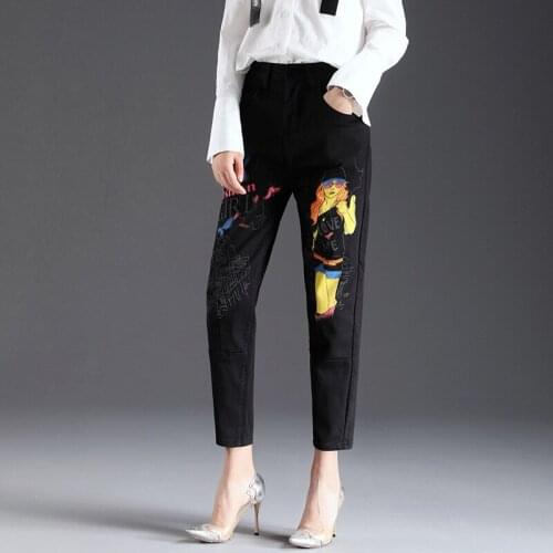 OL Printing Jeans Women Autumn Winter New Black Loose High Waist Stretch Harem Pants Casual Office Lady Warm Denim Trousers