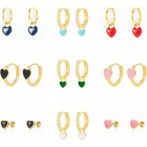 CANNER 925 Sterling Silver Love Heart Drop Oil Series Huggie Earrings For Women 2021 Trend Kawaii Piercing kolczyki damskie 2PCS