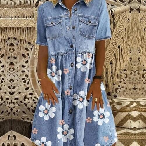 Women Dress Short Sleeve Single-breasted Pockets Floral Print Loose Denim Dress Summer Plus Size Dress vestidos de mujer casual