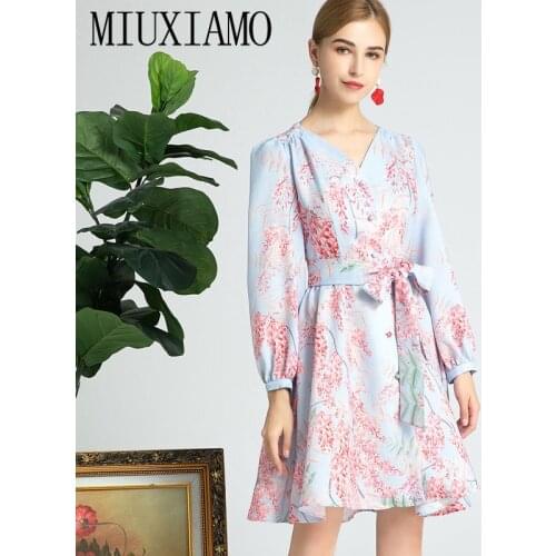 MIUXIMAO 2021 Spring Summer V- Neck Flower Printed Full Sleeve Elegant Casual Midi Dress Women Vestidos with Belt