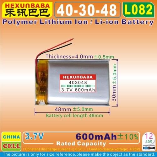 5pcs [L082] 3.7V 600mAh [403048] PLIB / polymer lithium ion / Li-ion battery for GPS,mp3,cell phone,speaker,DVR RECORDER,mp4