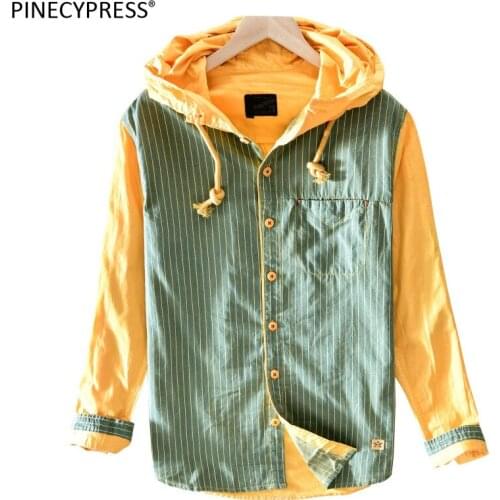 97% Cotton 3% Polyester Hooded Collar Spring Striped Long Sleeve Man Shirt Fashion Hoodie Male Quality Casual Men Shirts