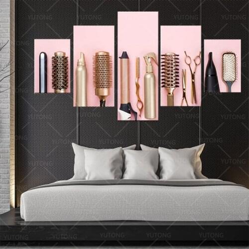 Hair Room Accessories Picture Golden Hairdresser Tools Paintings Giclee Beauty Salon Artwork 5 Piece Canvas Wall Art Home Decor