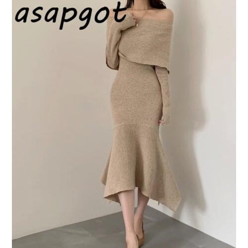 Asapgot Chic Korea Lady Slash Neck Khaki Mermaid Knitted Dress Women Off The Shoulder Slim Wrap Hip Black Fashion Thick Fashion