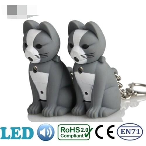 FREE SHIPPING BY DHL 100pcs/lot New Plastic LED Cat Keychains with Sound Novelty Cat Keyrings for Gifts
