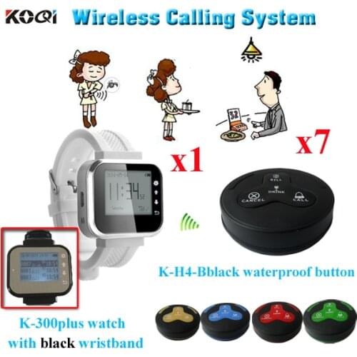 Wireless Call Calling System Restaurant 433.92MHZ Watch Receiver & Customer Call Waiter ( 1 watch pager + 7 waterproof buzzer)