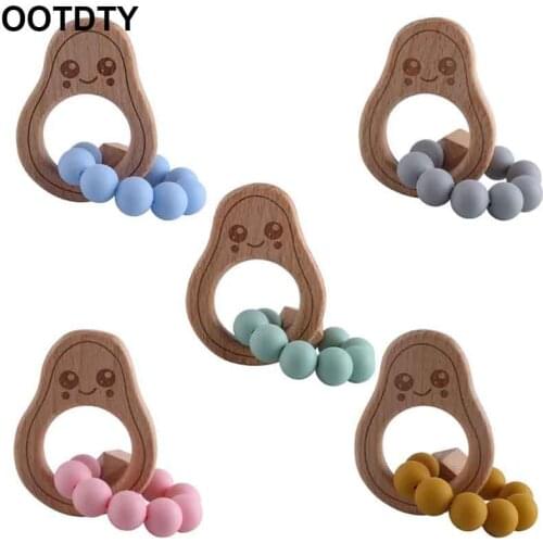 Baby Beech Wooden Avocado Bracelet Teether Infants BPA Free Silicone Beads Teething Soother Molar Toys Shower Gifts
