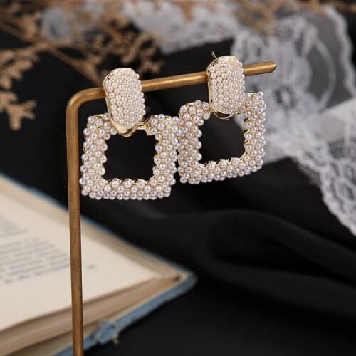 European and American popular simple retro bead geometric square earrings Korean version of the net red sweet earrings earrings