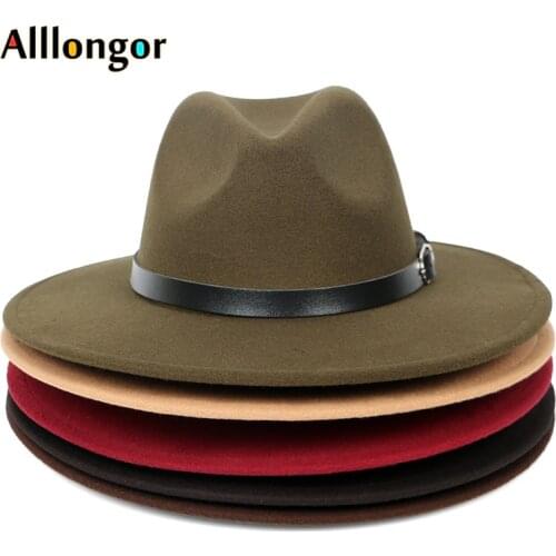 HOT 2020 Autumn Winter Black Men Wool Fedora Hat Wide Brim Women Faux Woolen Ladies Fedoras Jazz Hat Belt Caps Bowler Felt Hats