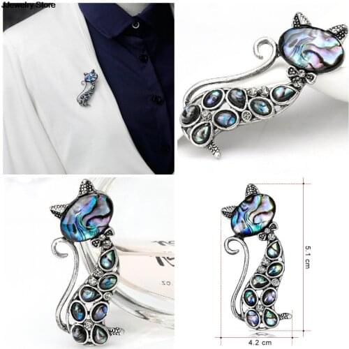 1PC Metal Cat Animal Banquet Weddings Brooch Gifts Natural Rhinestone Natural Abalone Shell Cat Brooches Water droplets Alloy