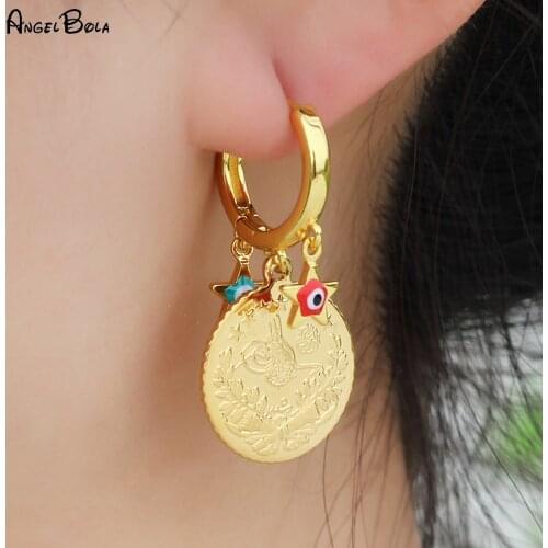 Fashion Pentagram Lucky Devil Eye Gold Coin Women Charm Pendant Earrings High-end Jewelry Wedding Party Holiday Gift Wholesale