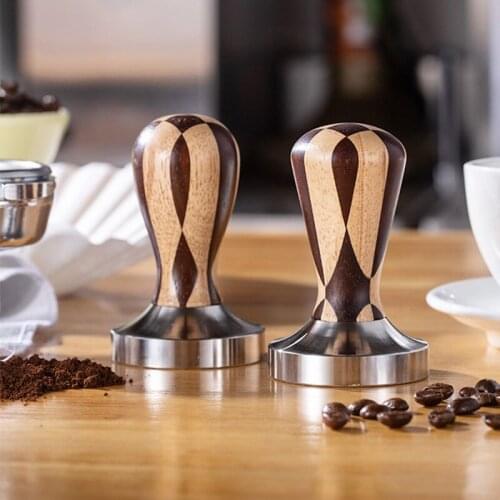 51/58mm Espresso Tamper Stainless Steel Base with Checkers Wooden Handle , Vintage Style Coffee Powder Hammer