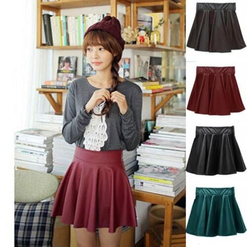 New Hot Sale Fashion Women High Waist Sexy Faux Leather Skirts Women‘’s Skater Flared Pleated Kawaii Girl Black Short Skirt