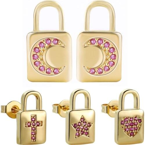 One Pair Micro Pave Colorful Zircon Clear CZ lock Shape Star Heart cross Earrings Stud Copper Earrings For Women Party Jewelry