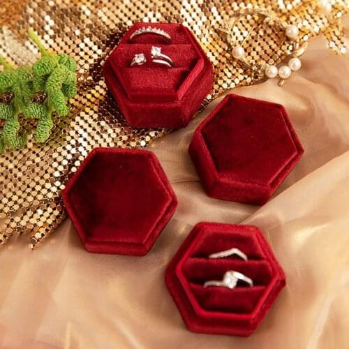Hexagon Velvet Ring Box Double Ring Display Holder with Detachable Lid Ring Box Holder for Wedding Ceremony