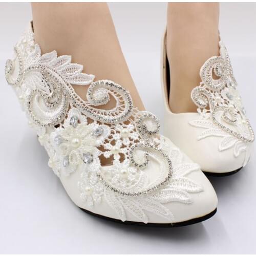 5CM middle heel white lace crystal wedding shoes bride handmade luxury silver crystal chain ornament ladies bridal shoe NQ189
