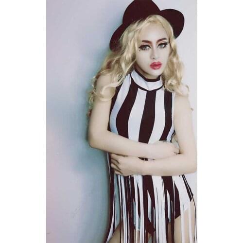 Hiphop Jazz Team Dance Costume DS Costumes Nightclubs DJ Female Singers White Black Stripes Tassel Tops and shorts set Korean