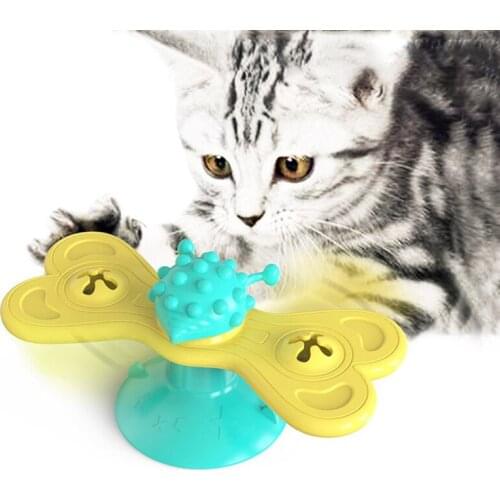 Windmill Cat Toy with Suction Cup Interactive Chew Catnip Toys Turntable Cat Hair Brush Scratching Tickle Cat Kitten Toy Games