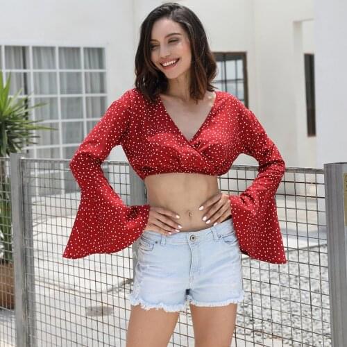 2021 new sexy polka dot ultra short style ladies T shirt fashion temperament horn sleeve clothes casual long sleeve shirt