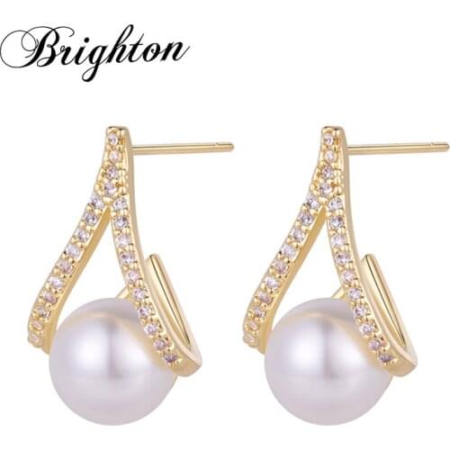 Brighton Luxury Crystal Pearls Drop Earrings For Women Yellow Gold Color Party Charm Micro Inlay Zircon Jewelry 2021 Trend