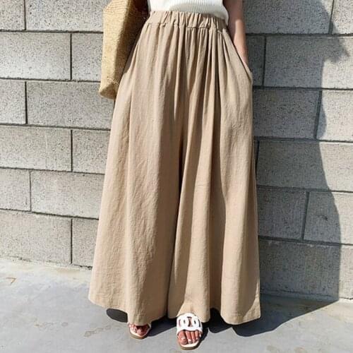 2021 Korean Chic Style Summer Womens Fashion Solid Color Linen Wide-leg Pants Casual Trousers Loose Cothing Oversize Wear Top