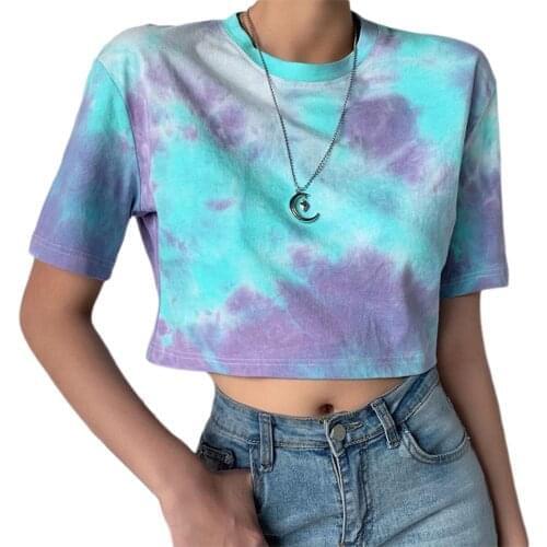 Womens Tie Dye Short Tops Round Neck Short Sleeve Outwear Crop Tops Casual Streetwear T-shirt Tops
