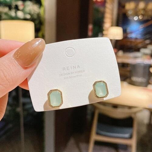 925 Vintage Opal Stud Earrings For Women Unusual Square Small Earrings Design Shiny Geometric Simple Earrings 2021 Trend Jewelry