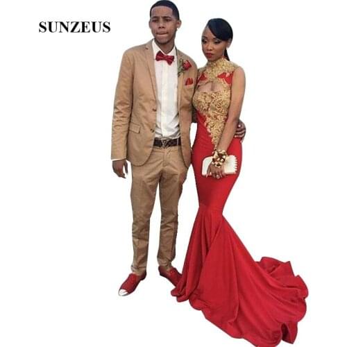 Red And Gold Prom Dresses High Neck Mermaid Party Gowns With Lace Appliques Long Women Vestidos Gala 2019