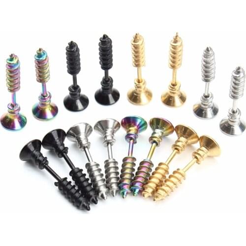 LOULEUR 1Pair Steampunk Screw Stud Earrings Fashion Design Stainless Steel Body Piercing Ear Stud for Men Women Anti Allergic