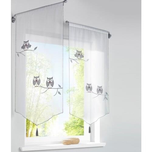 1PC White Sheer Tulle Curtains For Kitchen Owl Embroidered Short Curtains Roman Blinds Panels Drapes Window Screening