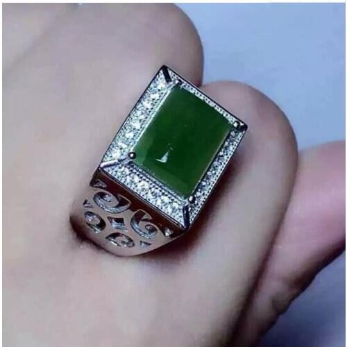 Free shipping Natural Hetian Jade Man Ring 925 sterling silver Wholesales Fine jewelry 8*10mm gem