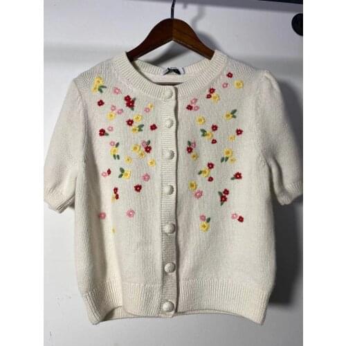 Women Fashion Knit Cardigan Crocheted Flowers Printed Puff Sleeve Short Sweater with Buttons 2021 Autumn Lady Casual Knitwear