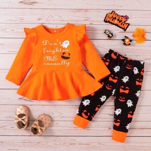 3Pcs Baby Girls Clothes Sets Autumn Infant Baby Girls Halloween Letter Cartoon Ghost Dress Tops Pants Outfits Set Costume
