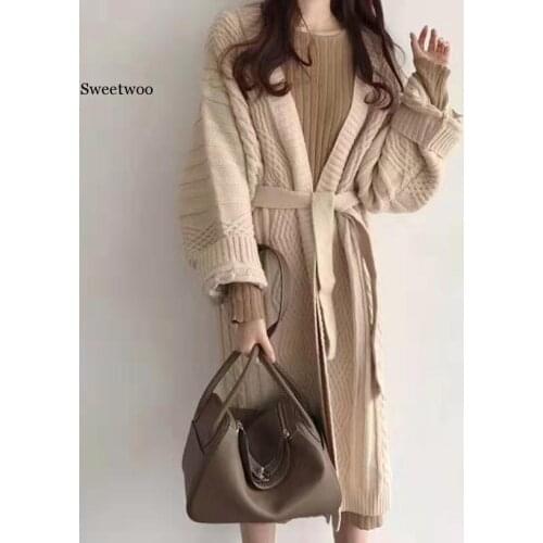 New 2020 Autumn Winter Female Knitted Long Cardigans Korean Style Lace Up Casual Elegant Womens Coat
