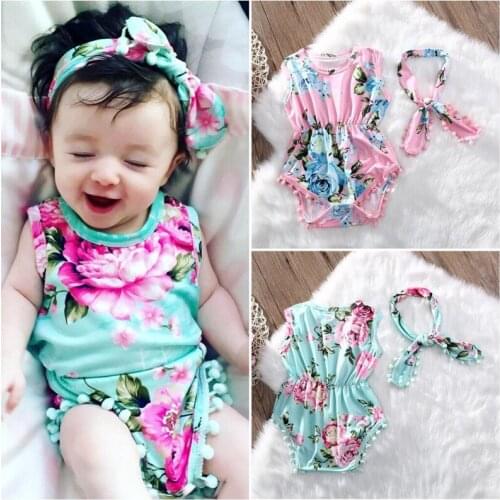 Newborn Infant Baby Girls Romper Tassel Floral Sleeveless Romper Jumpsuit + Headband Sunsuit Outfits Baby Summer Clothing 0-24M