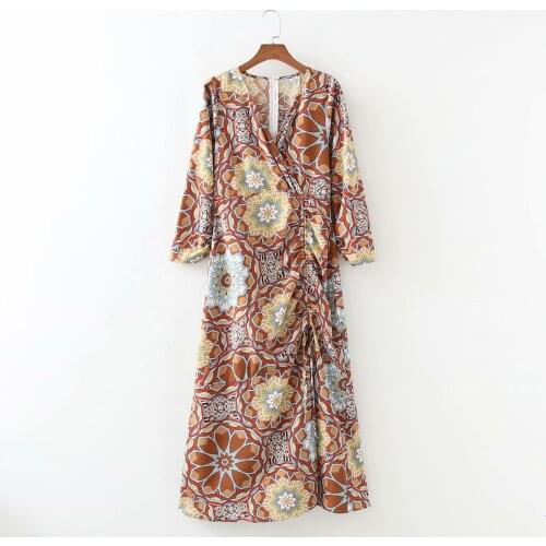 New Women Vintage Printed Kaftan Dress Vogue V-neck drawstring Long Sleeves Chic Lady Maxi Dresses Woman Robe