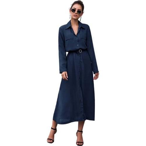 Women Turn Down Collar Solid Color Long Sleeve Single Breasted Mid-calf Dress Elegant Temperament Office Streetwear Dresses