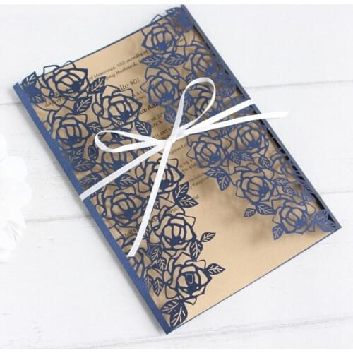 Rose leaf invitations royal blue soft pink white laser lace wedding cards champagne insert personalized printing 50pcs