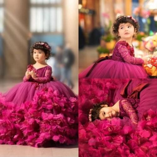 Fuchsia Puffy Tulle Flower Girl Dresses Lace Handmade Flower V Neck Kids Pageant Dress Long Sleeve Girls Birthday Party Gowns