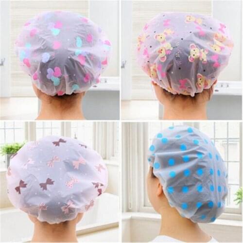 Cute cartoon shower bath cap women hat for baths and saunas lace elastic band cap spa cap women kids hair protective cap