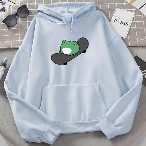 Skateboarding Frog Hoodie Harajuku Oversized Sweatshirt Women Winter Hoodies Warm Pullover Drawstring Pink Womens Korean Style