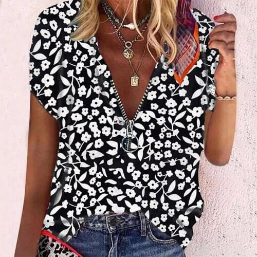 Women T-shirt Summer Casual floral Printed Zipper V-neck For Ladies Loose Short Sleeve Shirt Fashion Pastoral Fashion Women Tops