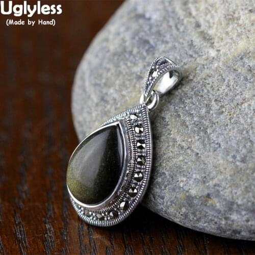 Uglyless Water Drop Mysterious Obsidian Pendants for Women Ethnic Thai Silver Necklaces NO Chains Marcasite Vintage Jewelry P976