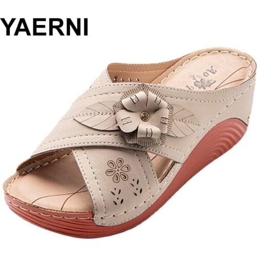 YAERNI Female Shoes Ladies' Slippers Women Heels Big Size Flower On A Wedge 2021 High Soft Flat Rome PU Slides Fabric Basic Flor